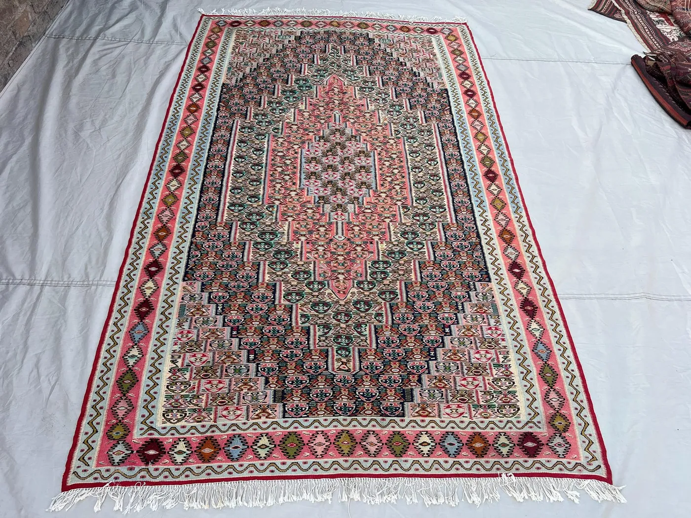 4'11x7'11 Ft Vintage Afghan Kilim Flatweave Rug | Pink Teal Allover Floral Boteh Stripe Tribal Wool Kilim | Boho Living Room, Bedroom