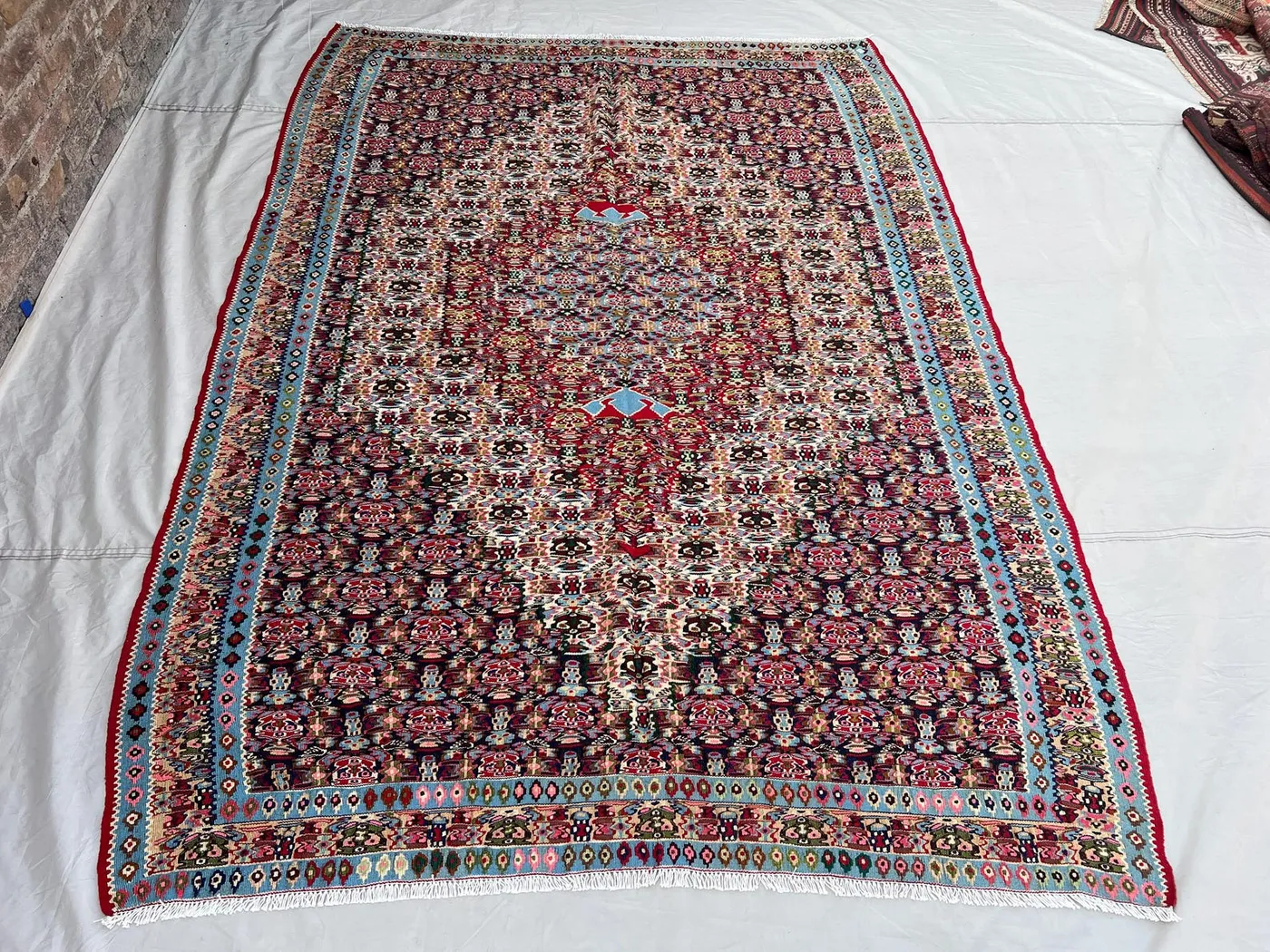 6x8'2 Ft Vintage Afghan Kilim Flatweave Rug | Multicolor Allover Floral Boteh Medallion Tribal Wool Kilim | Boho Living Room, Dining Room