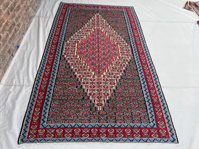 5'1x8'8 Ft Vintage Afghan Tribal Kilim | Flat Weave Wool Area Kilim Navy Blue Red Sky Blue Floral Boteh Diamon