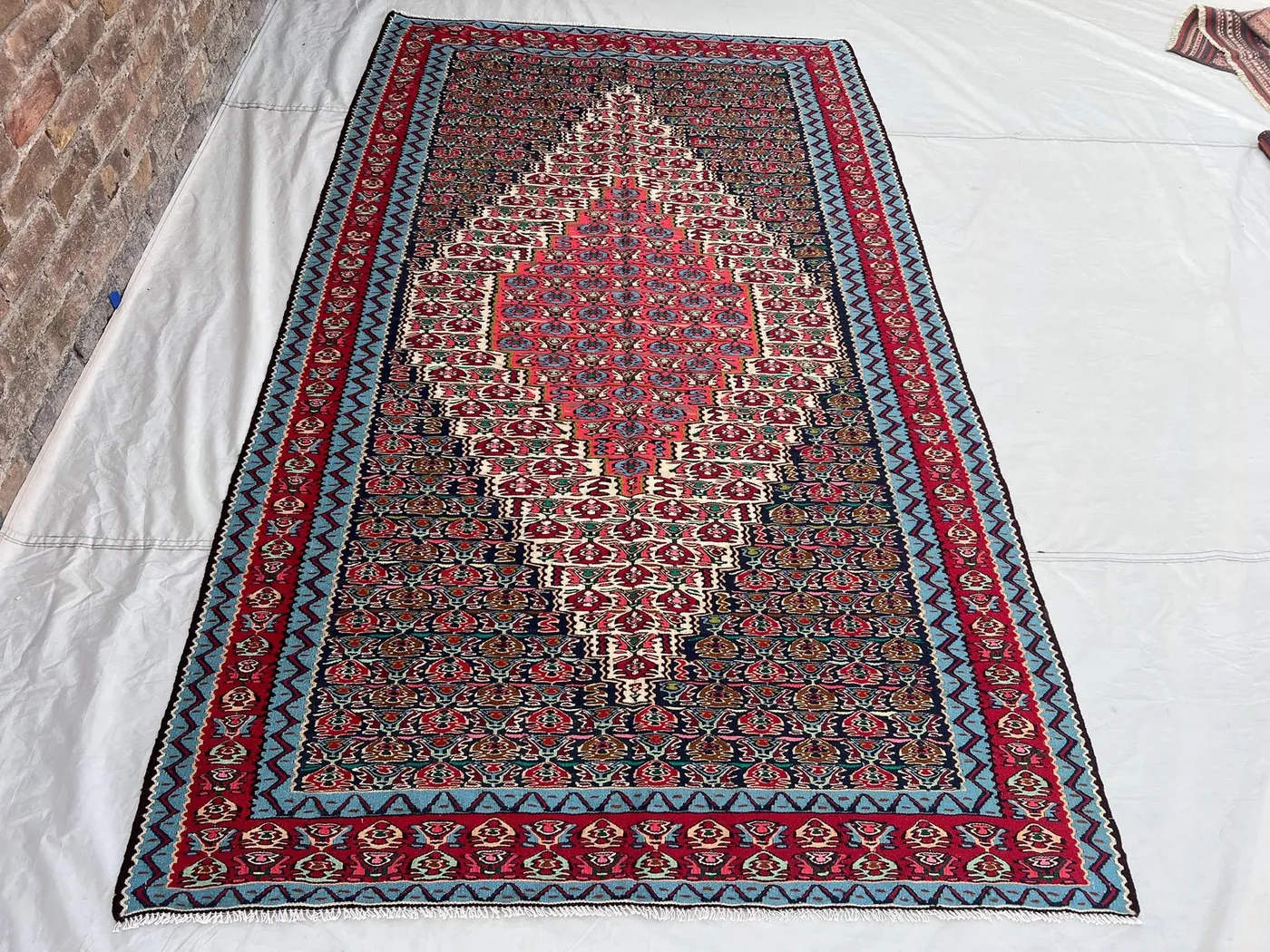 5'1x8'8 Ft Vintage Afghan Tribal Kilim | Flat Weave Wool Area Kilim Navy Blue Red Sky Blue Floral Boteh Diamond Medallion Kilim Living Room