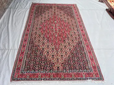 4'11x7'11 Ft Vintage Afghan Tribal Kilim | Flat Weave Wool Area Kilim | Navy Blue Red Ivory Floral Boteh Diamo