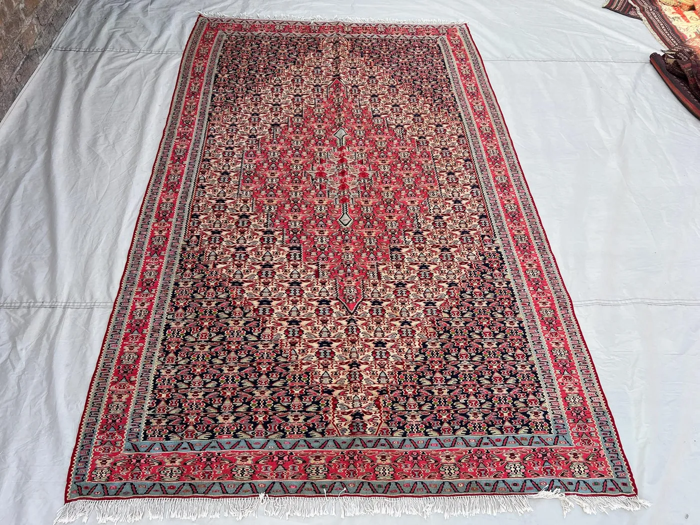 4'11x7'11 Ft Vintage Afghan Tribal Kilim | Flat Weave Wool Area Kilim | Navy Blue Red Ivory Floral Boteh Diamond Medallion Kilim Living Room