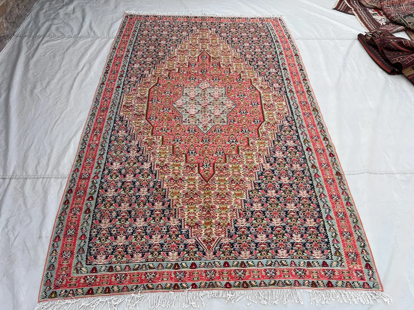 5'2x8'3 Ft Vintage Afghan Kilim Rug Pink Navy Diamond Medallion All-Over Floral Flatweave Handwoven Wool Area Rug | Living Room Bedroom