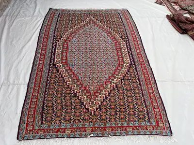 5'5x7'10 Ft Vintage Afghan Kilim Rug Sky Blue Navy Two-Tone All-Over Boteh Flatweave Handwoven Wool Area Rug |