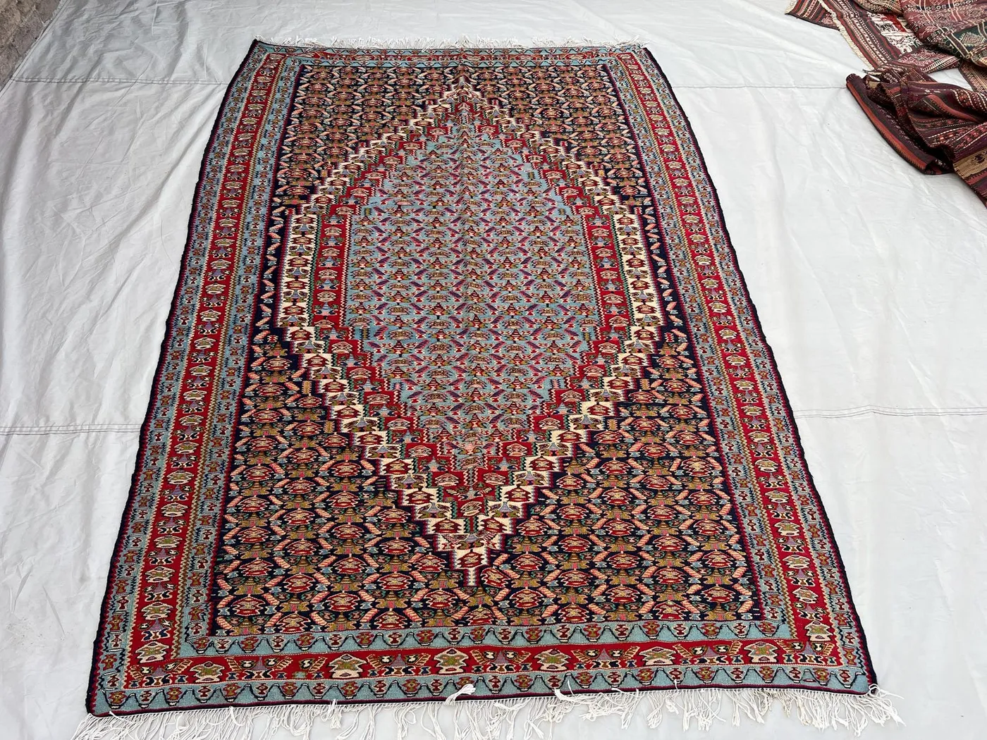5'5x7'10 Ft Vintage Afghan Kilim Rug Sky Blue Navy Two-Tone All-Over Boteh Flatweave Handwoven Wool Area Rug | Living Room Bedroom