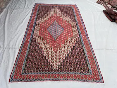 5'x8'2 Ft Vintage Afghan Kilim Rug Pink Navy Diamond Medallion All-Over Boteh Flatweave Handwoven Wool Area Ru