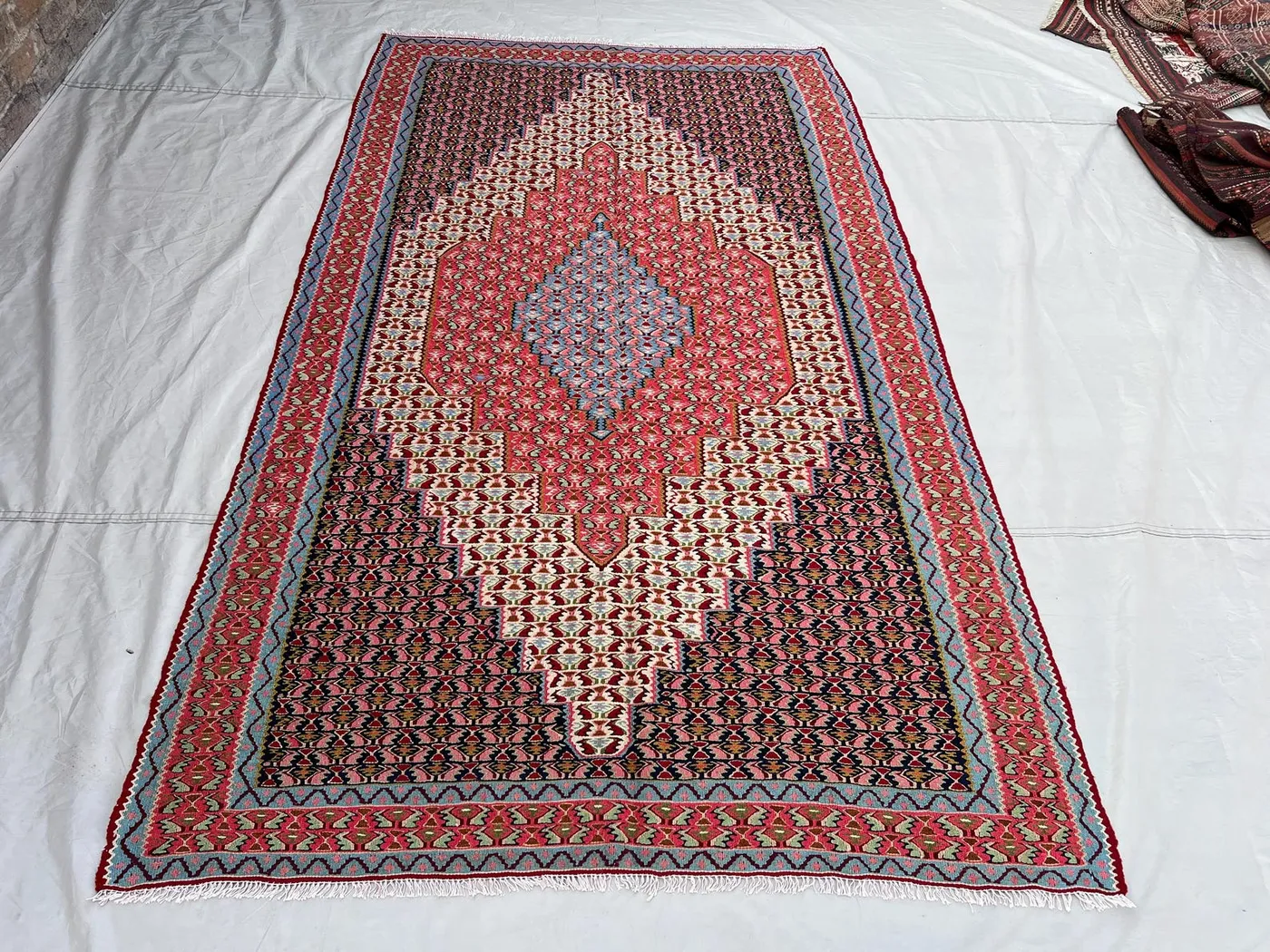 5'x8'2 Ft Vintage Afghan Kilim Rug Pink Navy Diamond Medallion All-Over Boteh Flatweave Handwoven Wool Area Rug | Living Room Bedroom