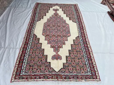 4'10x8' Vintage Afghan Kilim Rug Ivory Pink Stepped Diamond Medallion All-Over Boteh Flatweave Handwoven Wool 