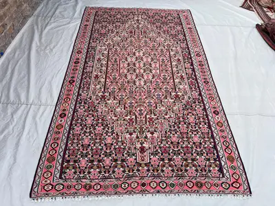 5'x8'6 Ft Vintage Afghan Kilim Rug Pink Navy Two-Tone All-Over Boteh Medallion Flatweave Handwoven Wool Area R