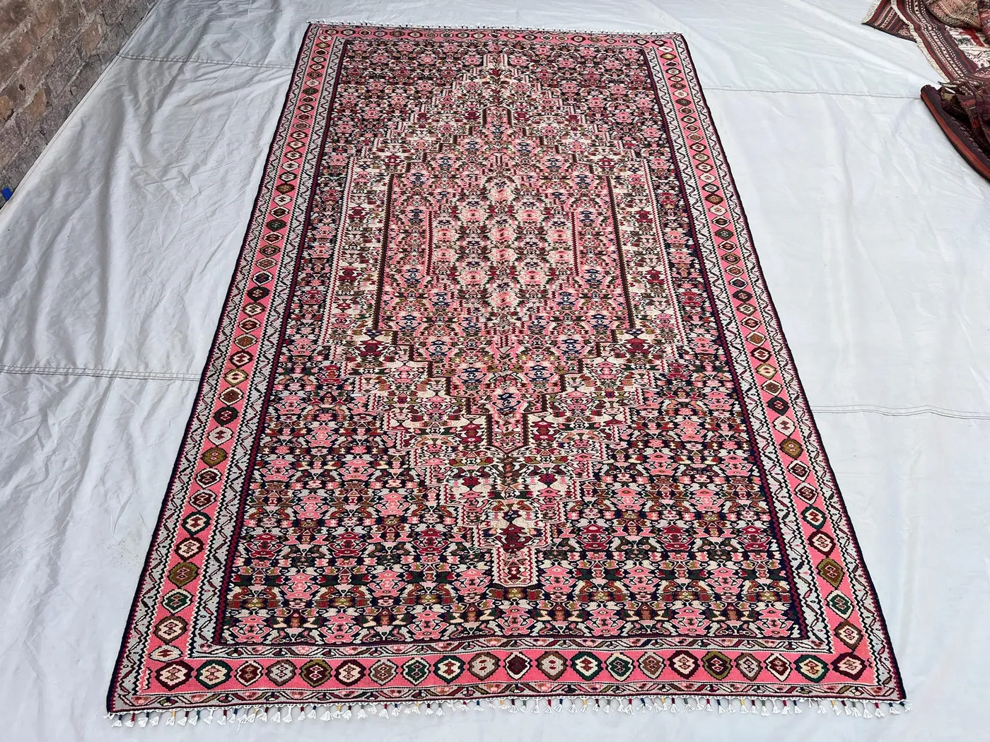 5'x8'6 Ft Vintage Afghan Kilim Rug Pink Navy Two-Tone All-Over Boteh Medallion Flatweave Handwoven Wool Area Rug | Living Room Bedroom
