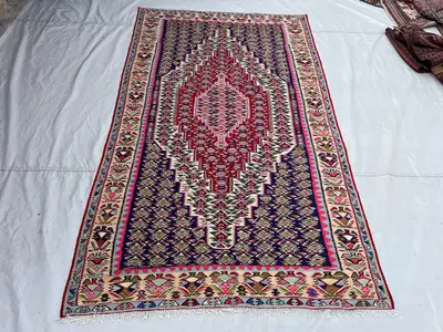 4'8x8' Ft Vintage Afghan Kilim Rug Navy Red Diamond Medallion All-Over Geometric Flatweave Handwoven Wool Area
