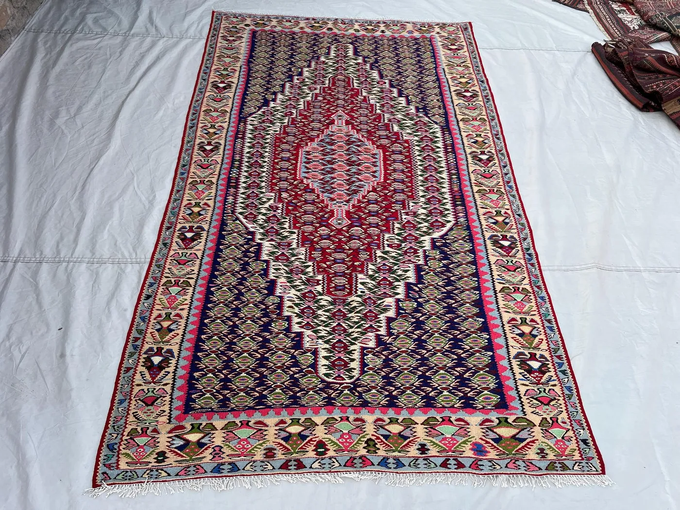 4'8x8' Ft Vintage Afghan Kilim Rug Navy Red Diamond Medallion All-Over Geometric Flatweave Handwoven Wool Area Rug | Living Room Bedroom