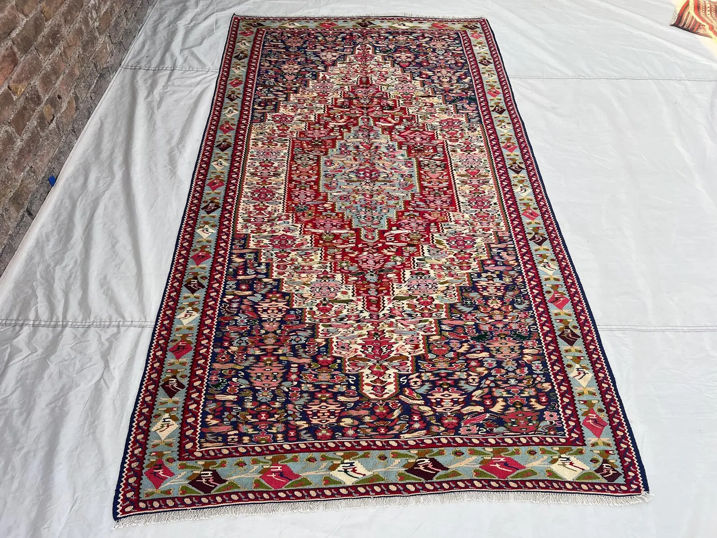 4'8x8'7 ft Vintage Afghan Kilim Rug, Handmade Flatweave Wool Rug, Floral Medallion Kilim Carpet, Red Blue Area Rug, Boho Home Decor