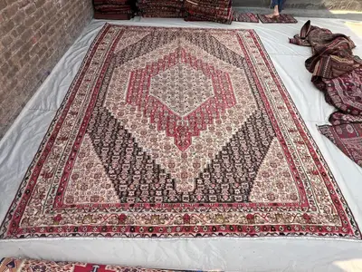 9x12 Persian-Style Senneh Kilim Design Rug | Vintage Afghan Handwoven Wool Flatweave | Ivory Crimson Diamond M