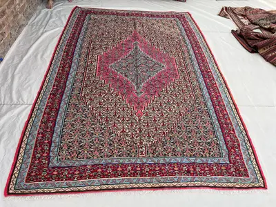 6'8x9'8 ft Vintage Hand-Woven Wool Kilim | Dense Floral All-Over Field & Central Medallion | Deep Red Fuchsia 