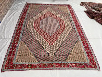 6'10x9'7 ft Vintage Afghan Hand-Woven Wool Kilim | Large Diamond Medallion & Dense Geometric Field | Soft Peac