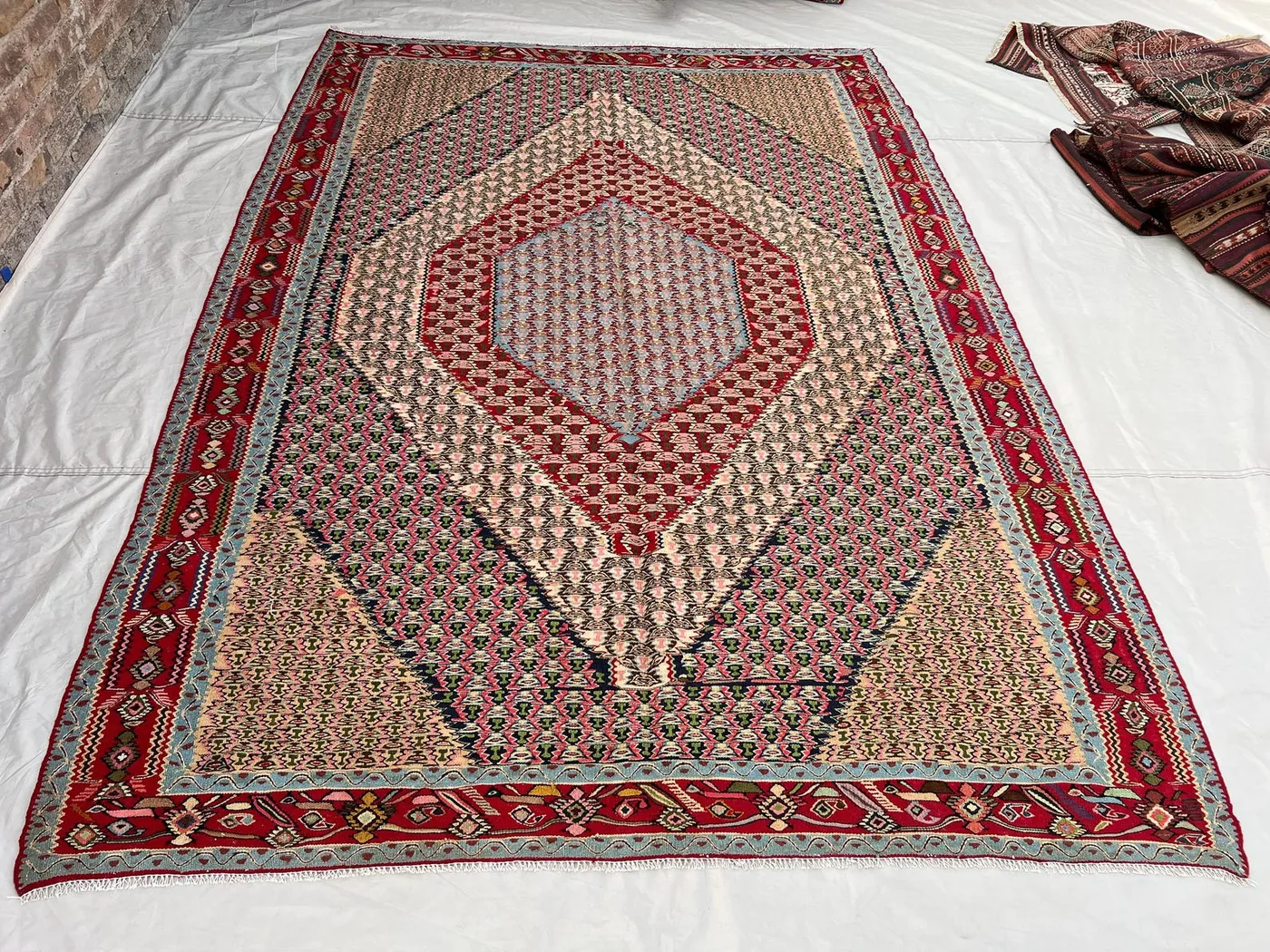 6'10x9'7 ft Vintage Afghan Hand-Woven Wool Kilim | Large Diamond Medallion & Dense Geometric Field | Soft Peach Crimson Living Room