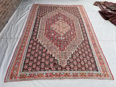 6'7x9'9 ft Vintage Afghan Kilim Rug | Handwoven Tribal Diamond Medallion | Coral Pink & Deep Burgundy Flatweav
