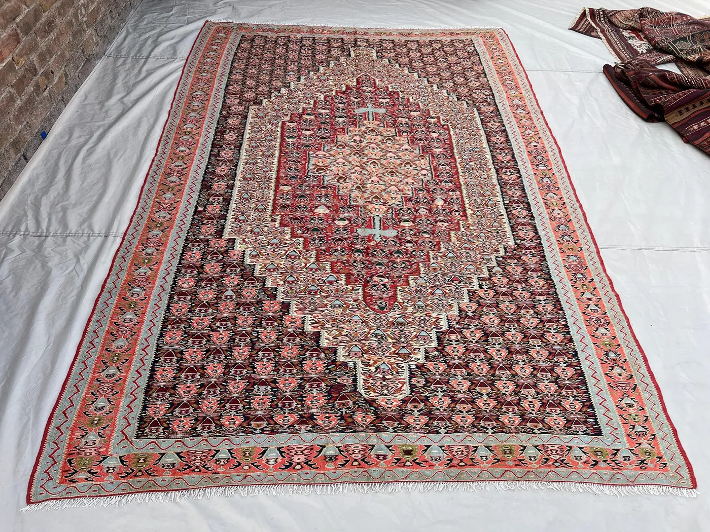 6'7x9'9 ft Vintage Afghan Kilim Rug | Handwoven Tribal Diamond Medallion | Coral Pink & Deep Burgundy Flatweave |Living Room Dining Room