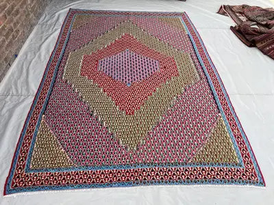 6'9x9'10 ft Vintage Afghan Kilim Rug | Handwoven Tribal Diamond Medallion | Crimson Red & Olive Green Flatweav