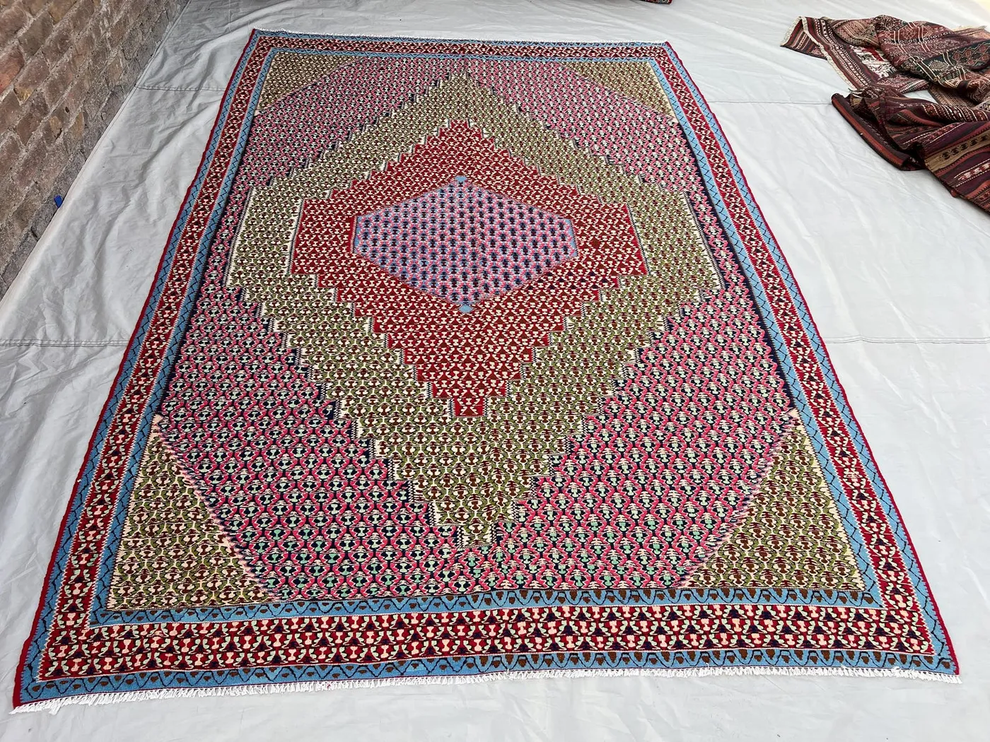 6'9x9'10 ft Vintage Afghan Kilim Rug | Handwoven Tribal Diamond Medallion | Crimson Red & Olive Green Flatweave | Living Room Dining Room