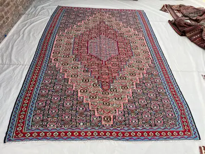 6'8x9'11 ft Vintage Afghan Kilim Rug | Handwoven Tribal Diamond Medallion | Steel Blue & Deep Rose Pink Flatwe