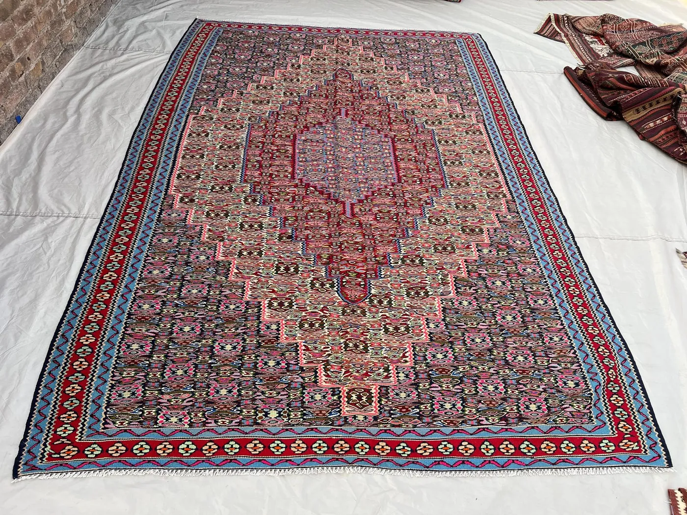 6'8x9'11 ft Vintage Afghan Kilim Rug | Handwoven Tribal Diamond Medallion | Steel Blue & Deep Rose Pink Flatweave | Living Room Dining Room