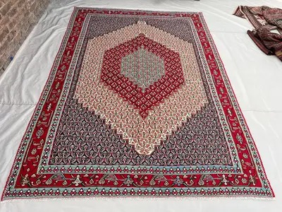 6'7x9'6 ft Vintage Afghan Kilim Rug | Handwoven Tribal Diamond Medallion | Ivory & Deep Navy Flatweave | Area 