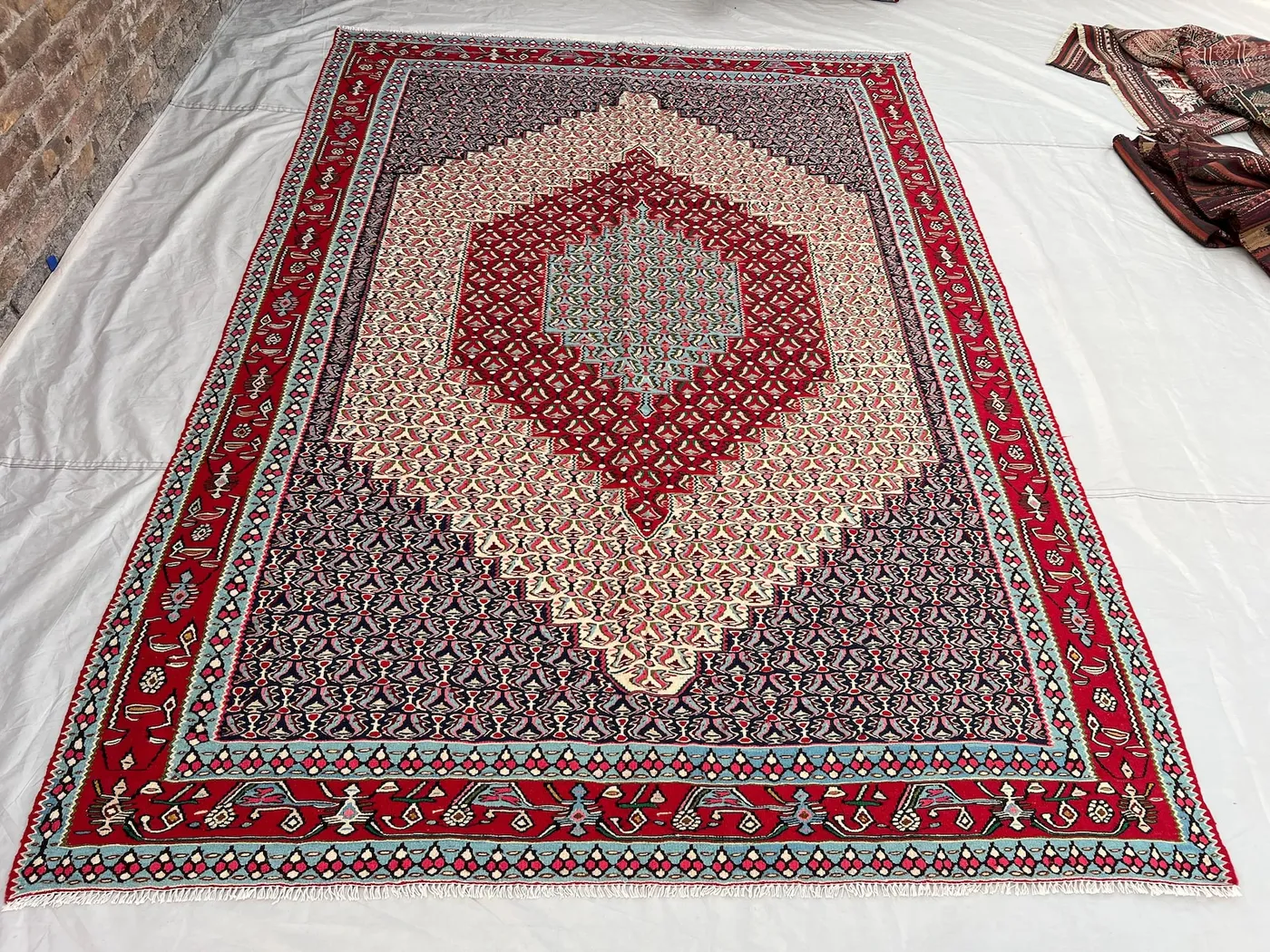 6'7x9'6 ft Vintage Afghan Kilim Rug | Handwoven Tribal Diamond Medallion | Ivory & Deep Navy Flatweave | Area Rug Living Room Dining Room