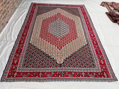 6'7x9'3 Persian-Style Senneh Kilim Design | Vintage Afghan Handwoven Flatweave | Boteh Diamond Medallion Ivory