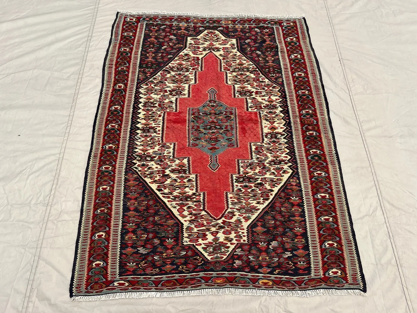 4'x5'2 Ft Vintage Handmade Afghan Flatweave Kilim – Red, Black & Cream, Floral Design, Wool, Traditional Kilim Living Room or Bedroom