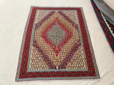 4x5'1 Ft Vintage Afghan Senneh Kilim Flatweave | Sky Blue Red Floral Diamond Medallion | Handwoven Wool Rug fo