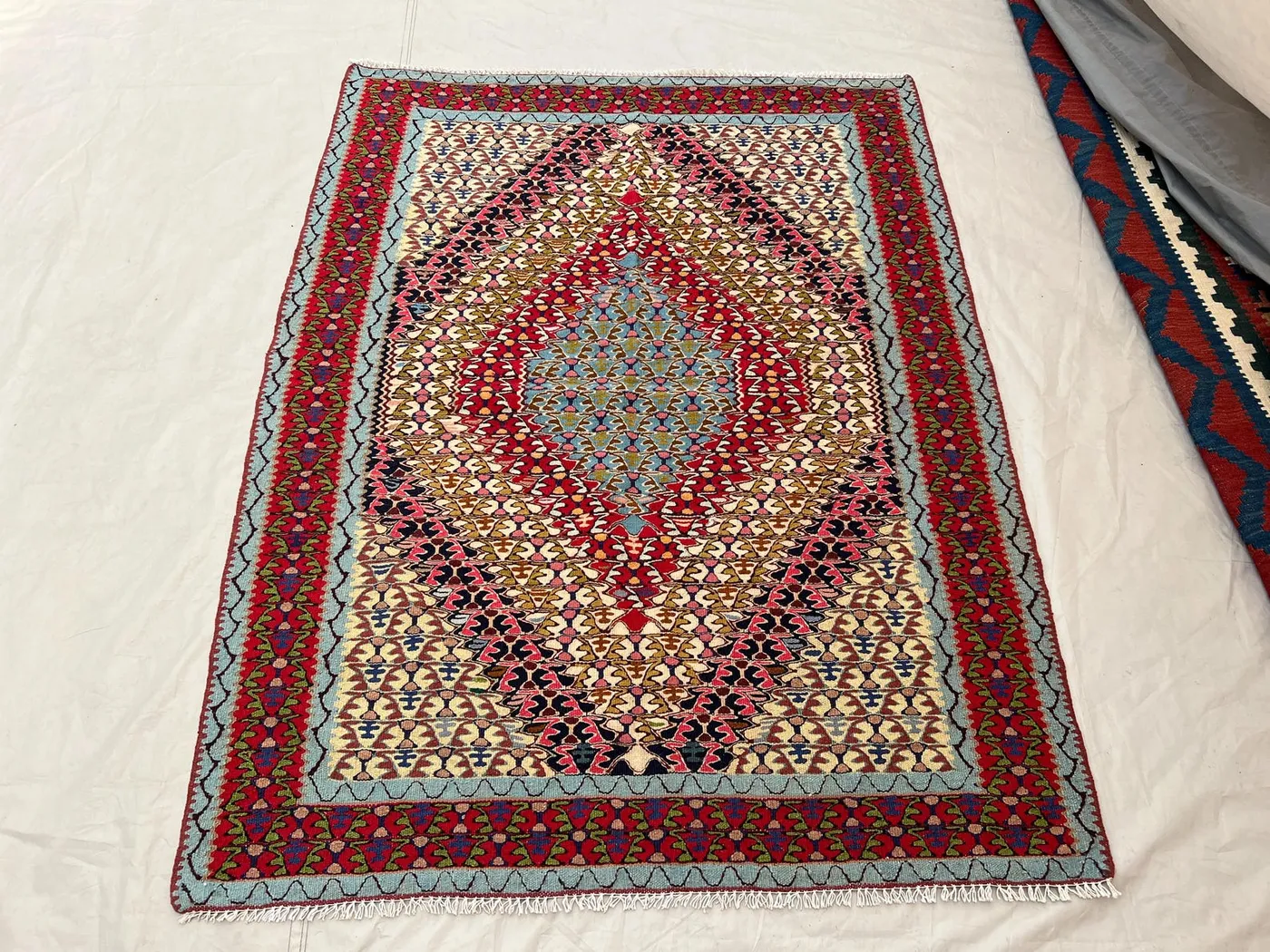 4x5'1 Ft Vintage Afghan Senneh Kilim Flatweave | Sky Blue Red Floral Diamond Medallion | Handwoven Wool Rug for Living Room Bedroom Entryway
