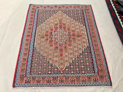 4'2x5 Vintage Afghan Senneh Kilim Flatweave | Sky Blue Pink Ivory Diamond Medallion | Handwoven Wool Rug for L