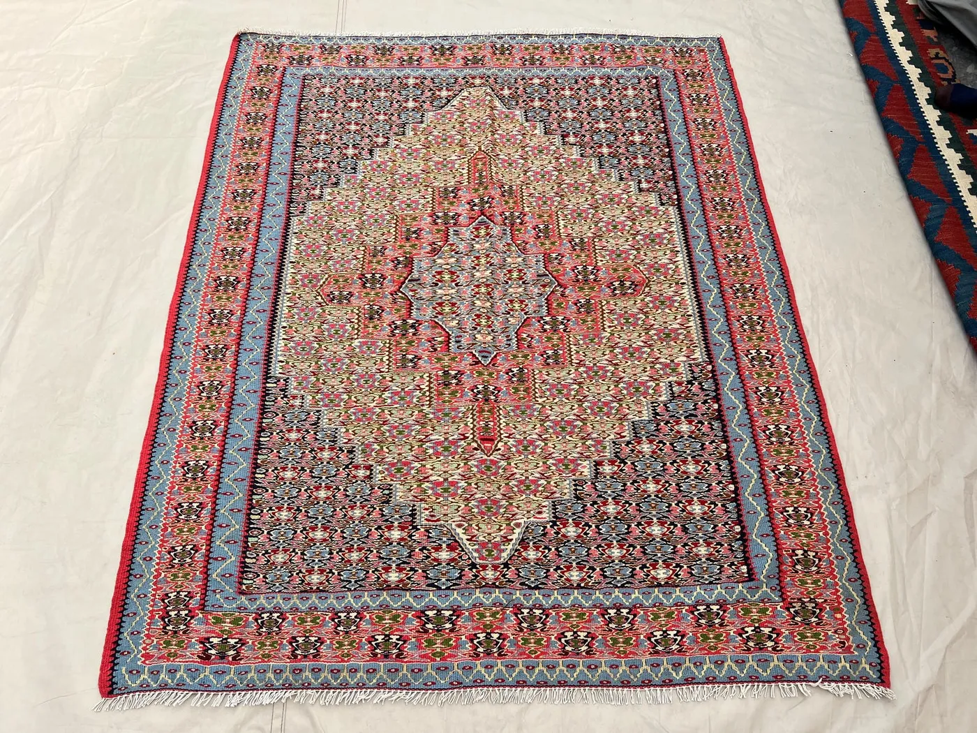 4'2x5 Vintage Afghan Senneh Kilim Flatweave | Sky Blue Pink Ivory Diamond Medallion | Handwoven Wool Rug for Living Room Bedroom Entryway