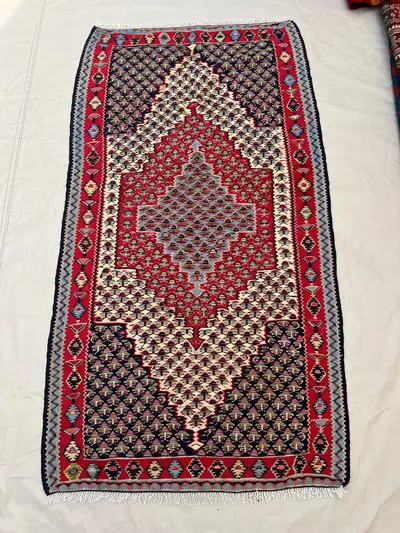 2'10x5'3 Ft Vintage Afghan Flat Woven Wool Kilim Navy Red Ivory Large Diamond Medallion Dense Boteh Field Trib