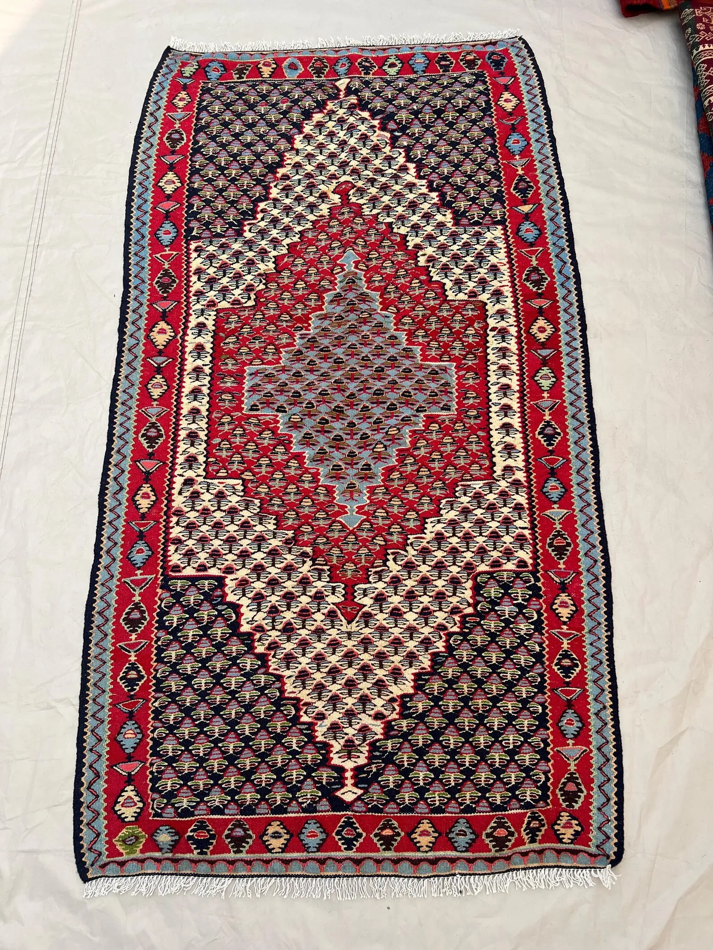 2'10x5'3 Ft Vintage Afghan Flat Woven Wool Kilim Navy Red Ivory Large Diamond Medallion Dense Boteh Field Tribal Boho Bedroom Accent Carpet