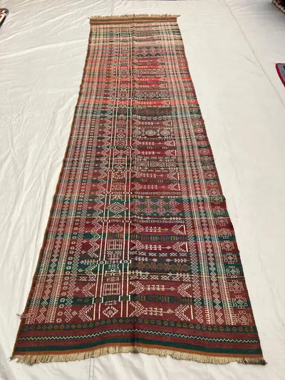 3'5x11'10 Antique Afghan Kilim Handwoven Wool Flatweave Central Spine Embroidered Stripe Burgundy Forest Green