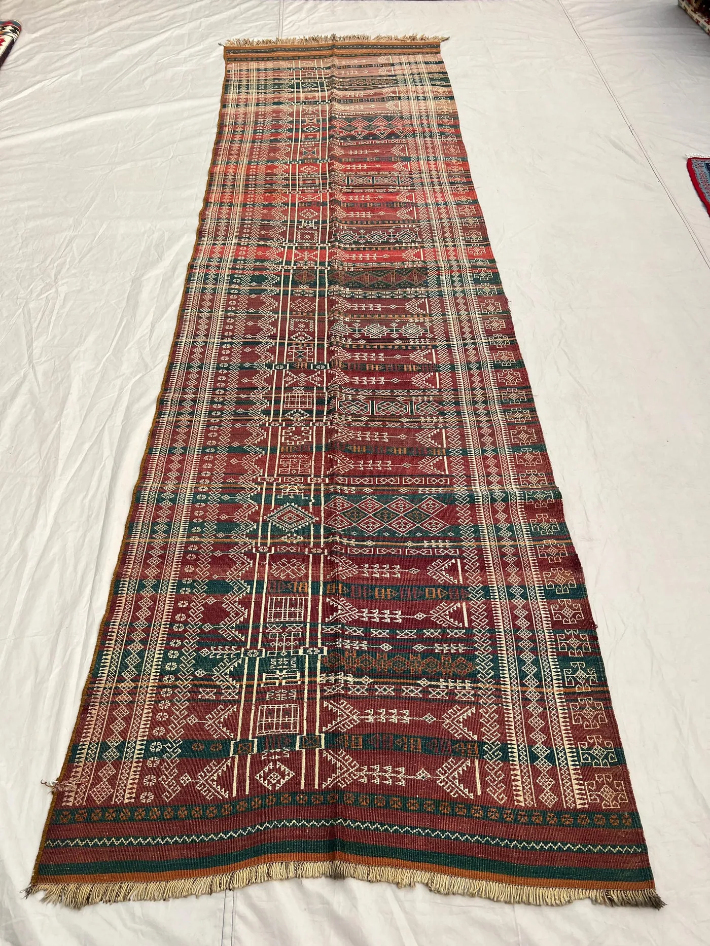 3'5x11'10 Antique Afghan Kilim Handwoven Wool Flatweave Central Spine Embroidered Stripe Burgundy Forest Green Ivory Long Runner | Hallway