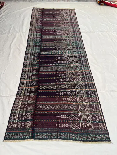 3'9x10'3 ft Vintage Afghan Baluchi Style Kilim | Fine Ivory Geometric Embroidered Flat Weave | Dark Purple Tea