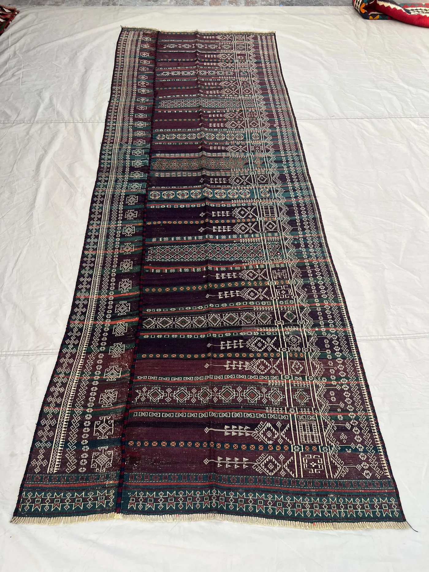 3'9x10'3 ft Vintage Afghan Baluchi Style Kilim | Fine Ivory Geometric Embroidered Flat Weave | Dark Purple Teal Green | Boho Runner