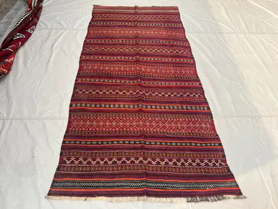 4'4x9'6 ft Vintage Afghan Kilim Rug | Handwoven Tribal Striped Geometric | Crimson Red & Fiery Orange Flatweav