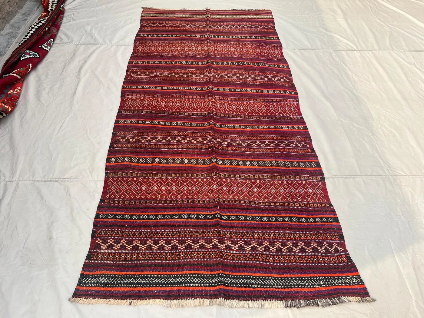 4'4x9'6 ft Vintage Afghan Kilim Rug | Handwoven Tribal Striped Geometric | Crimson Red & Fiery Orange Flatweave | Living Room Hallway