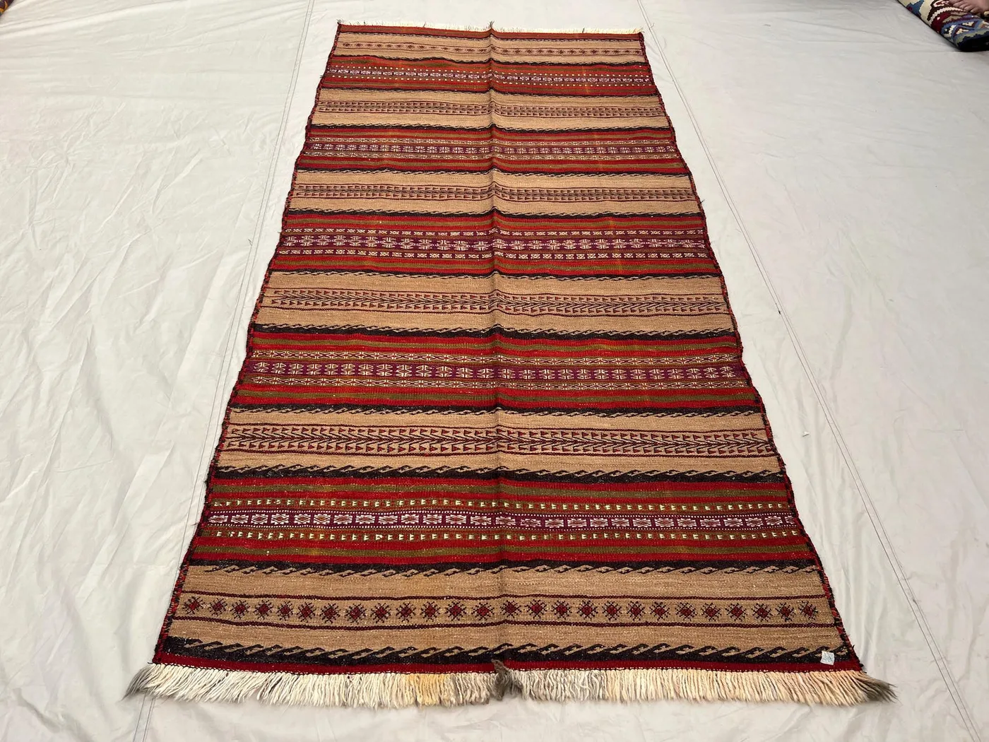 4'4x8'10 Ft Antique Afghan Tribal Kilim Handwoven Wool Flatweave Striped Geometric Camel Red Multicolor Area Rug | Living Room Bedroom Decor