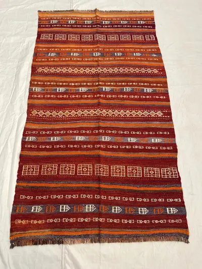 3'7x6'6 Ft Vintage Afghan Kilim Handwoven Wool Flatweave All-Over Embroidered Stripe Diamond Arrow Deep Red Or