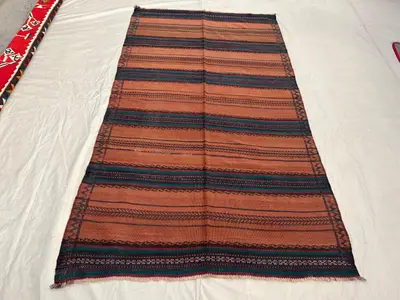 4'6x7'8 Vintage Afghan Kilim Handwoven Wool Flatweave Minimalist Embroidered Stripe Terracotta Teal Dark Brown
