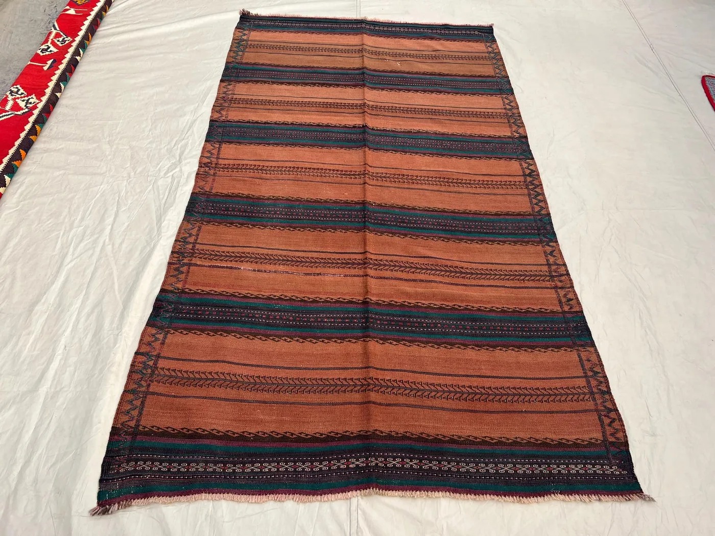 4'6x7'8 Vintage Afghan Kilim Handwoven Wool Flatweave Minimalist Embroidered Stripe Terracotta Teal Dark Brown Area Rug Living Room Bedroom