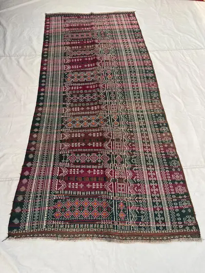 4x9'2 ft Vintage Afghan Tribal Kilim | Three Column Fine Geometric Banded Flat Weave | Deep Purple Green Orang
