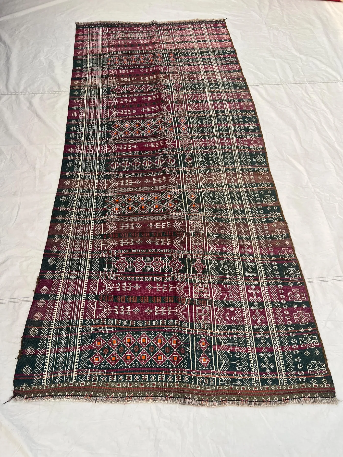 4x9'2 ft Vintage Afghan Tribal Kilim | Three Column Fine Geometric Banded Flat Weave | Deep Purple Green Orange | Boho Runner Kilim