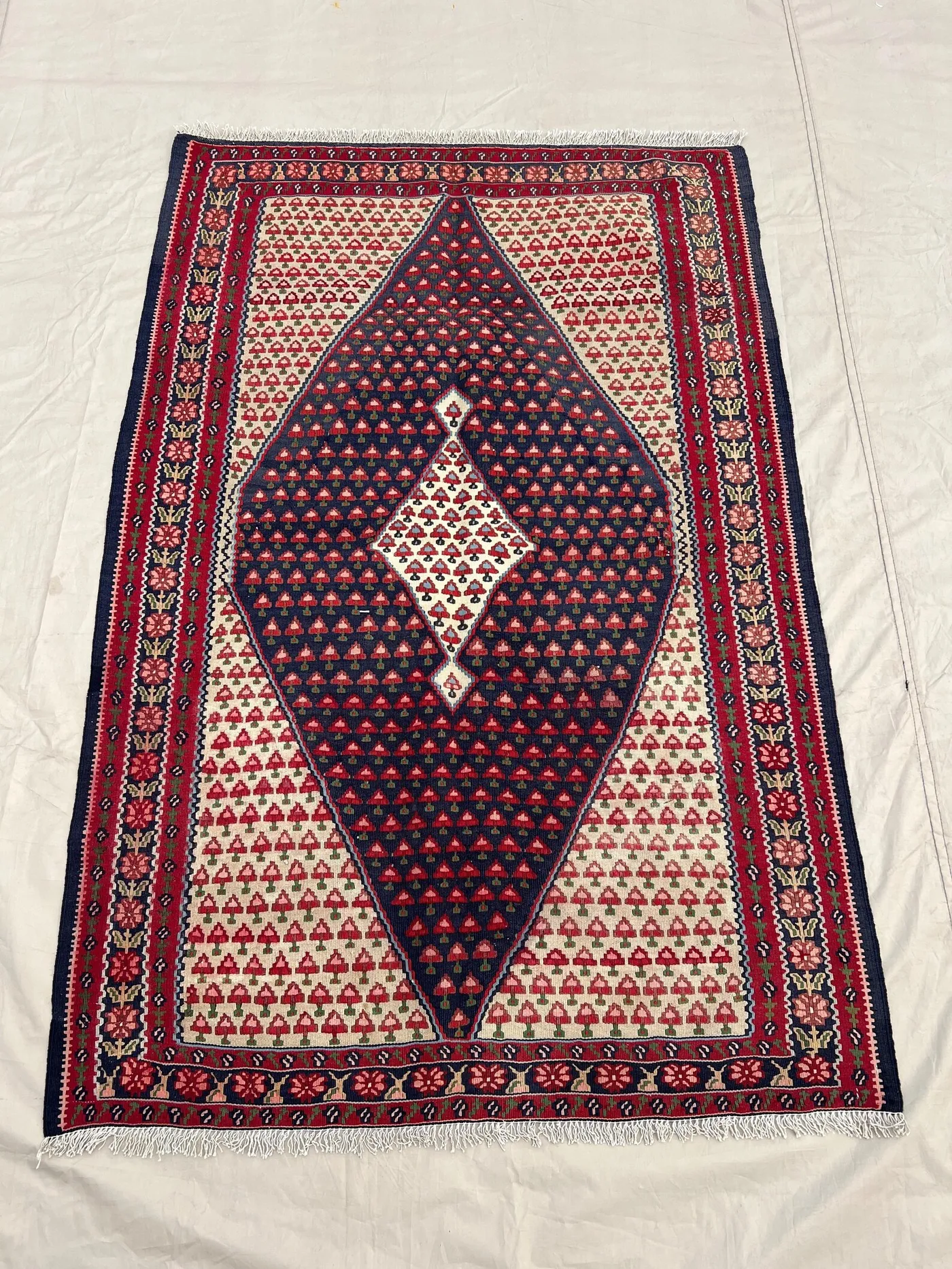 3'5x5'1 Antique Afghan Baluchi Kilim Rug - Handwoven Flatweave, Red & Blue Geometric Design Vintage Boho Home Decor for Living Room, Bedroom